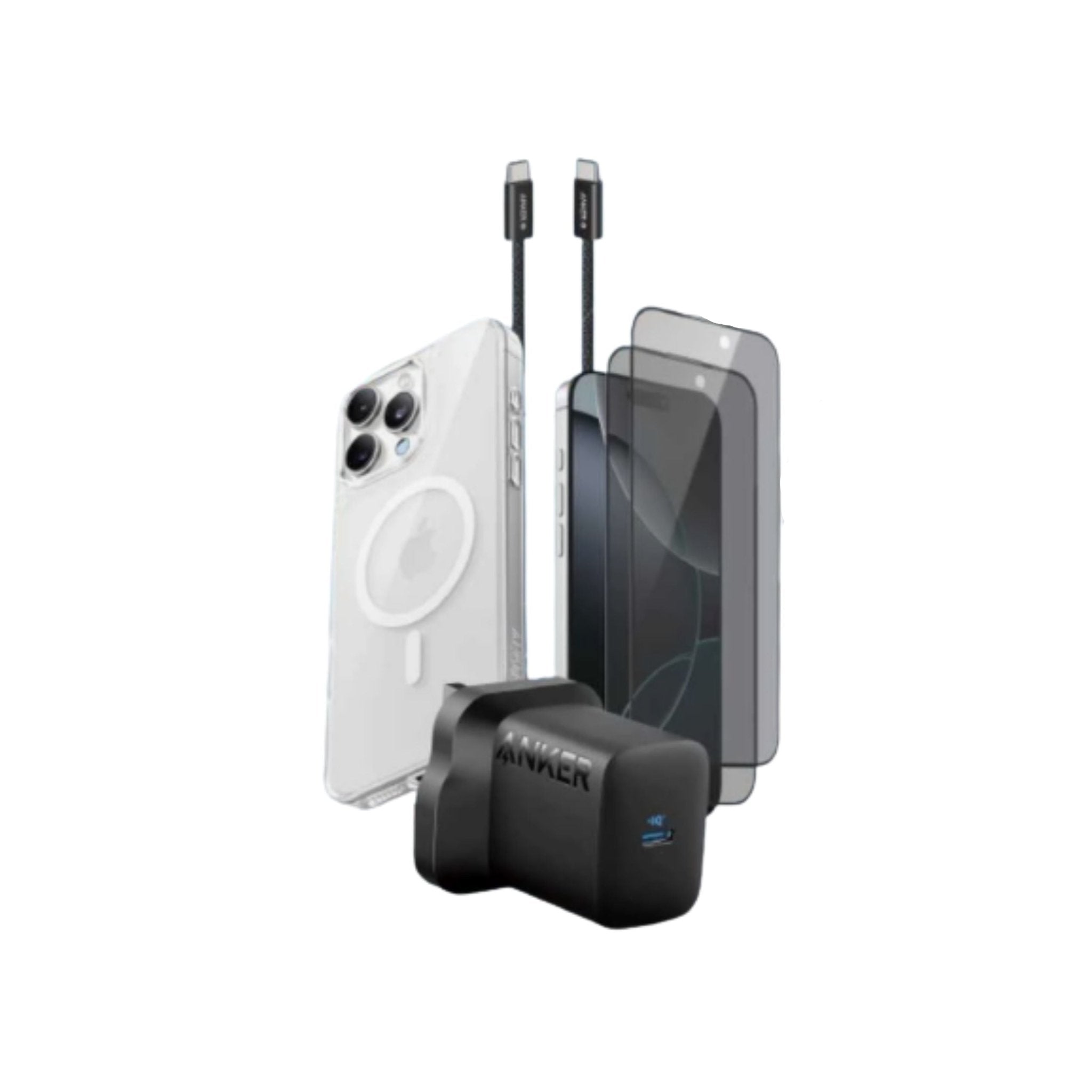 Anker Iphone 16 Pro Max accessories package (Magnetic Case - Privacy Screen - Camera Lens Protector - Zolo USB-C to USB-C Cable 3ft - Zolo Charger 30w)